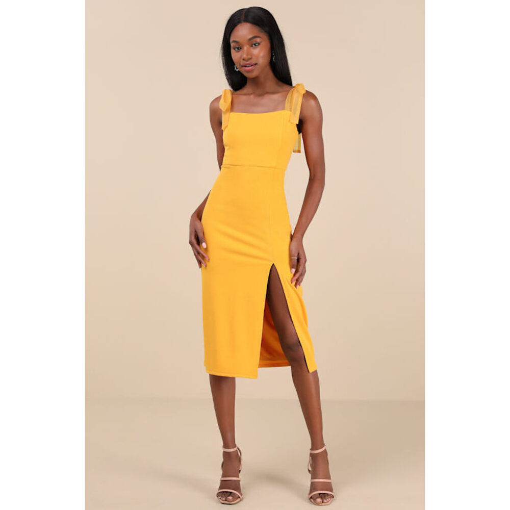 NWT Lulus Romantic Celebration Yellow Tie-strap Bodycon Midi Dress - Size M